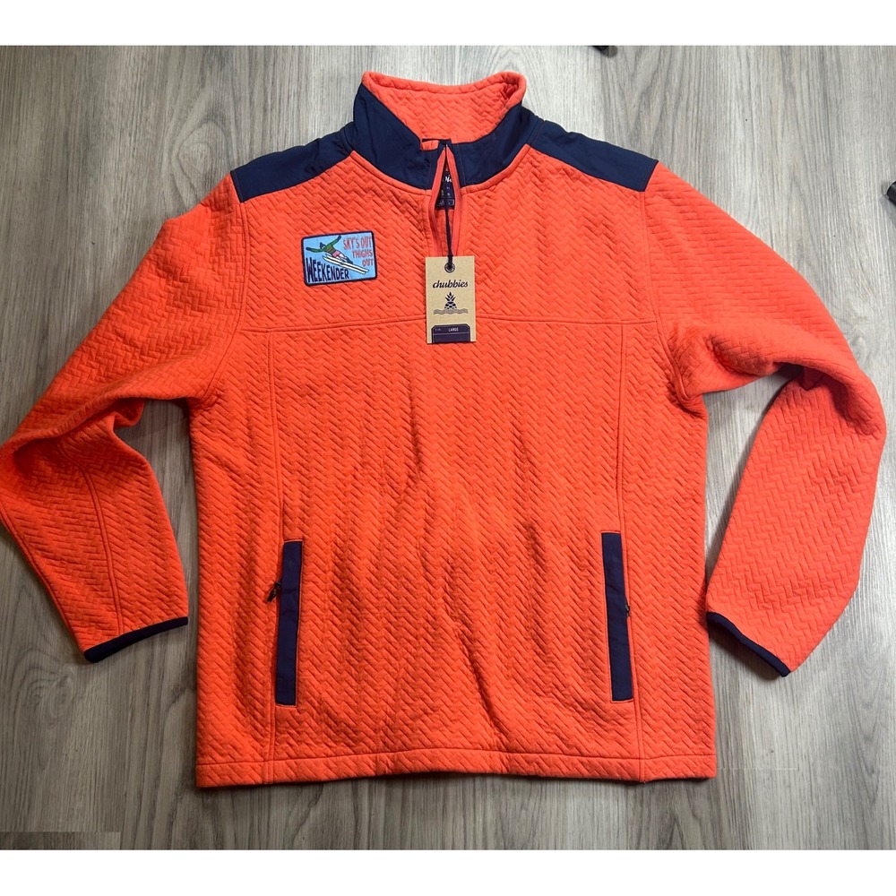 Chubbies Mens Large Orange Quilted Quarter Zip Pullover Weekender Ski Patch NEW